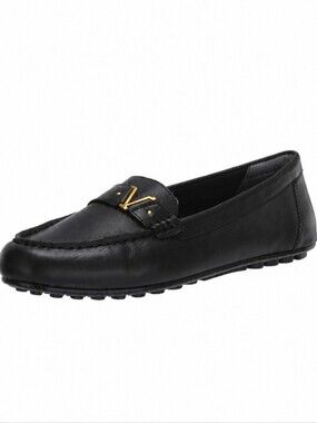 Vionic Black Leather Slip On Loafer Moccasins Gold Hardware Comfort Flats Size 7